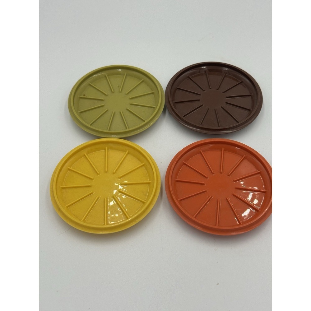 4 Vintage MCM Tupperware 1313-5 Mug Lids Coasters Harvest Colors 3 1/2"